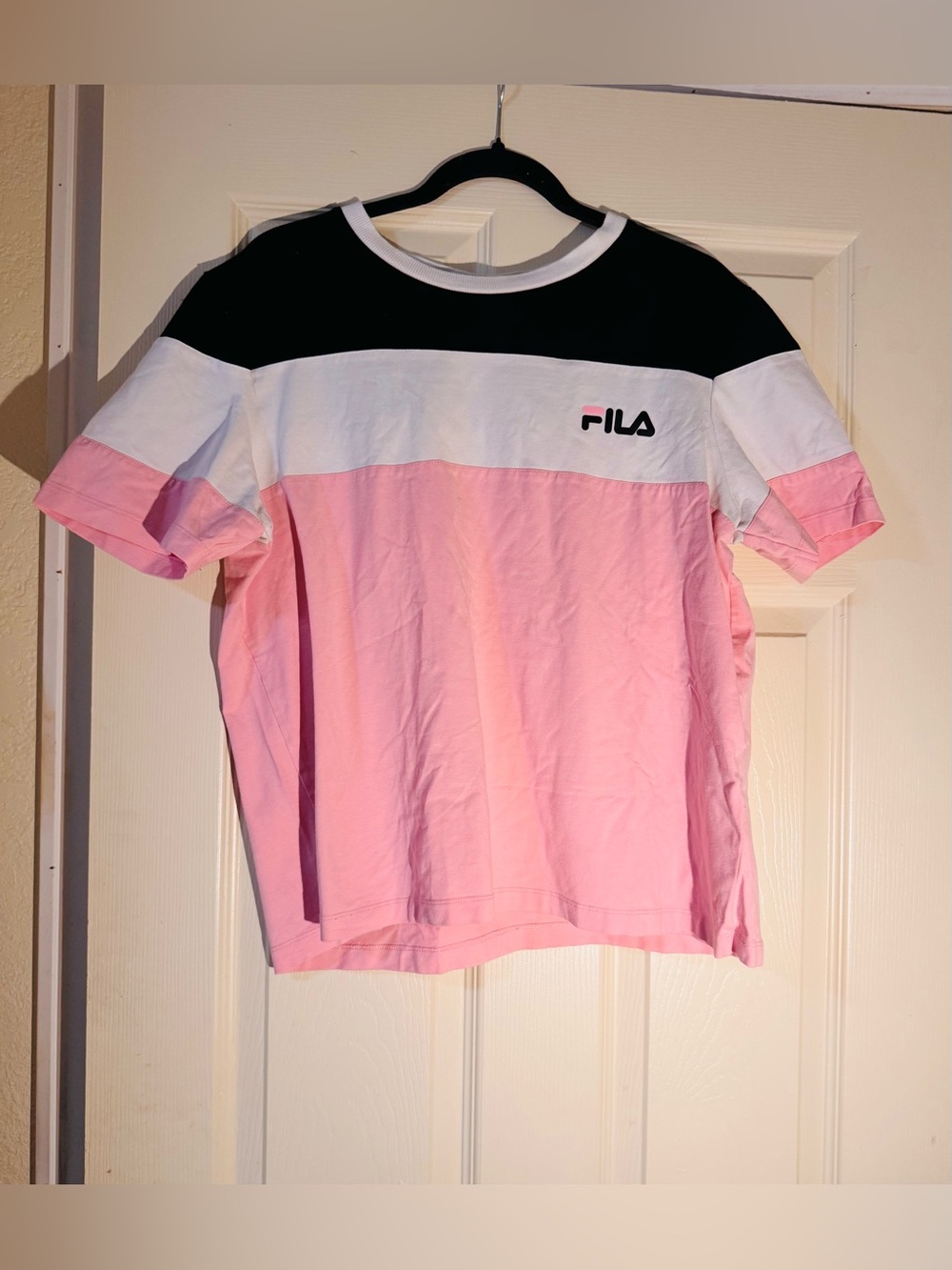 FILA Colorblock Short Sleeve Tee in Pink, White & Black